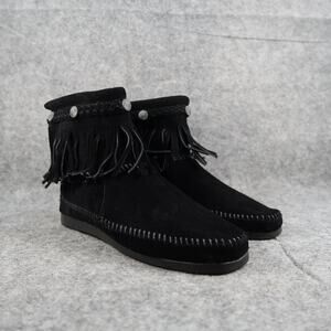 Minnetonka Shoes Womens 7.5 Bootie Moccasin Leather Hi Top Back Zip Fringe Black